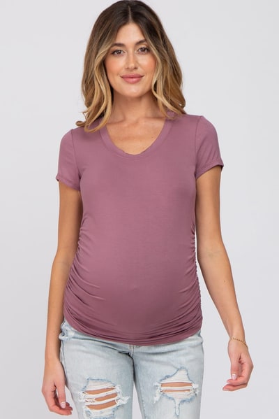 PinkBlush Dark Mauve Basic Short Sleeve Maternity Fitted Top