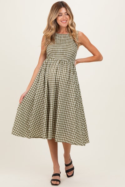 PinkBlush Olive Gingham Smocked Sleeveless Maternity Midi Dress