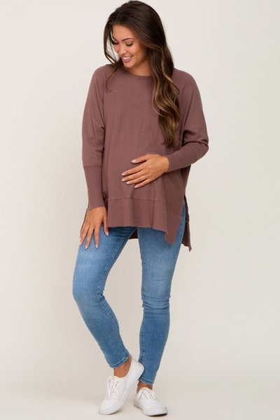 PinkBlush Mocha Dolman Sleeve Side Slit Maternity Sweater