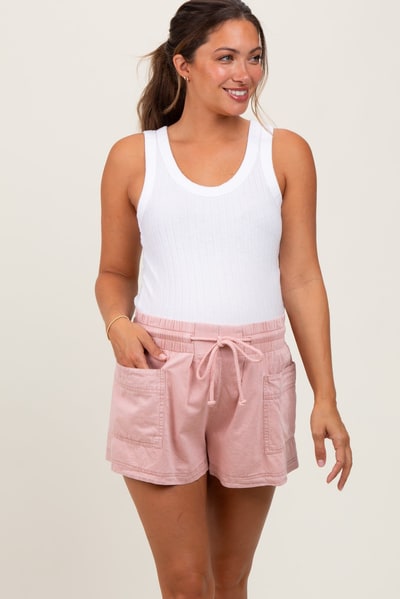 PinkBlush Light Pink Chambray Drawstring Front Pocket Maternity Shorts