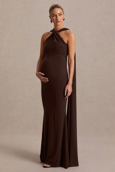 Club L London Lyra | Brown Cross Halter-Neck Maternity Maxi Dress With Cape