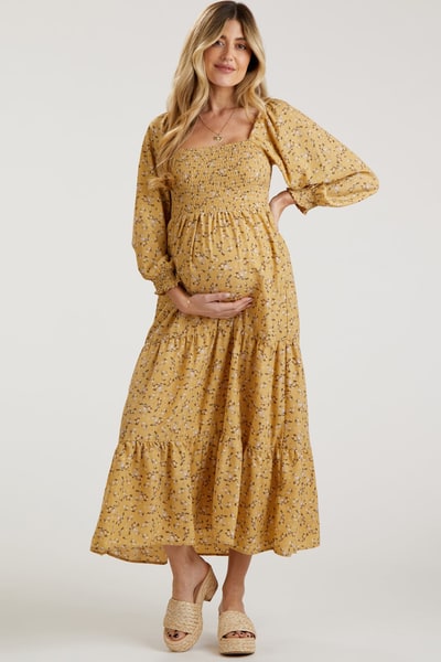 PinkBlush Yellow Floral Smocked Long Sleeve Maternity Maxi Dress