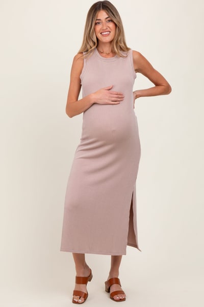 PinkBlush Light Taupe Ribbed Sleeveless Side Slit Maternity Midi Dress