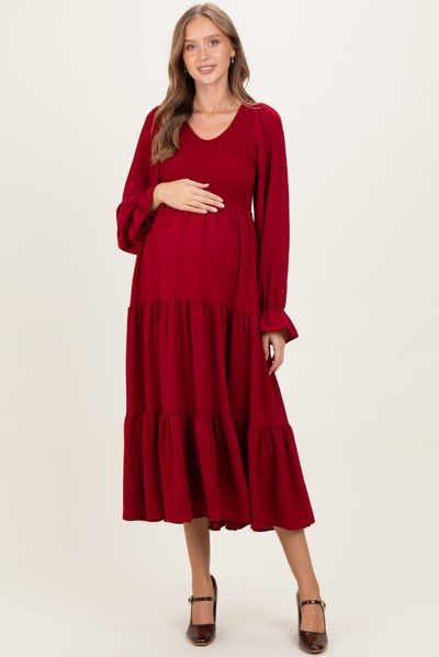 PinkBlush Burgundy Smocked Tiered Long Sleeve Maternity Maxi Dress