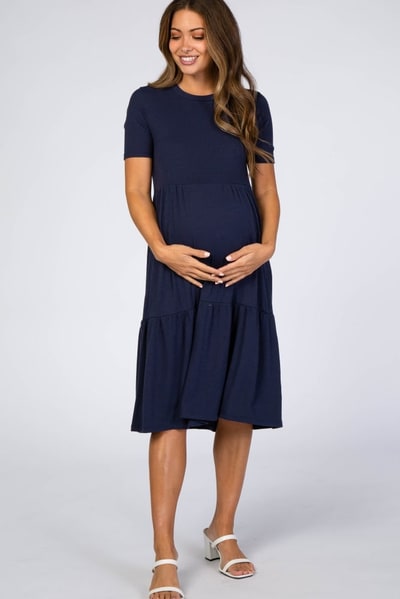 PinkBlush Navy Blue Ribbed Tiered Maternity Dress