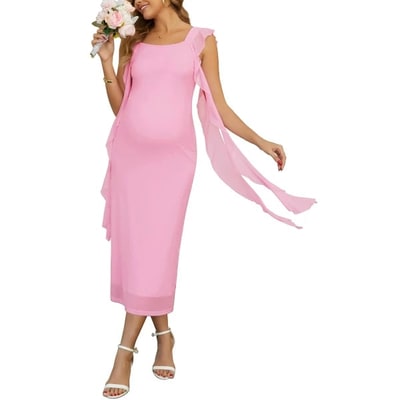 Target INSPIRE CHIC Women's Maternity Dress Mesh Wedding Guest Sleeveless Flowy Ruffle Cocktail Party Midi Photoshoot Dresses Medium Pink