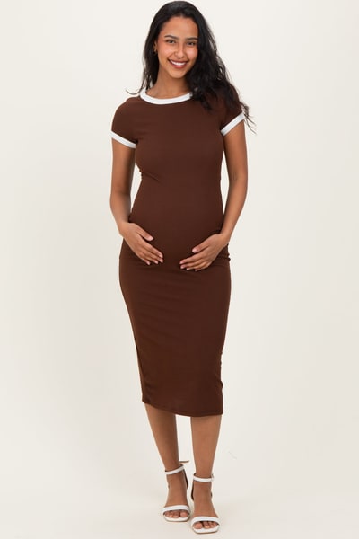PinkBlush Brown Colorblock Trim Maternity Midi Dress