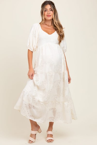 PinkBlush Cream Leaf Textured Tiered Midi Maternity Dress