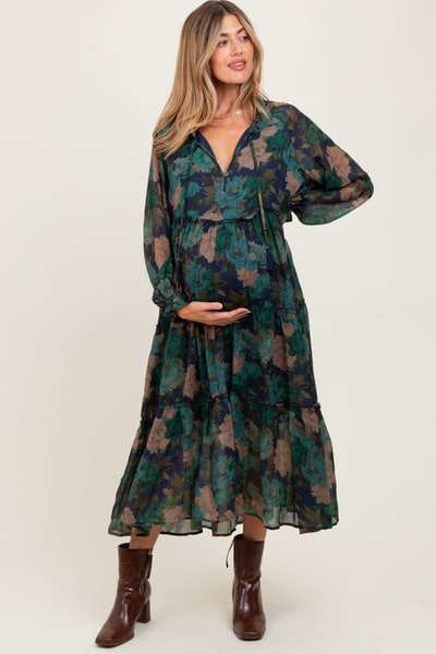 PinkBlush Navy Floral Chiffon Ruffle Tiered Maternity Midi Dress