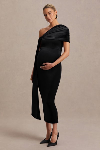 Club L London Zena | Black Velvet Asymmetric-Neck Maternity Midi Dress With Knot And Sash Detail