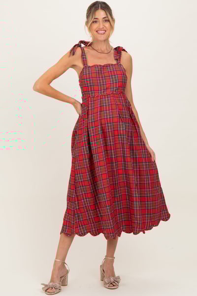 PinkBlush Red Plaid Shoulder Tie Scallop Hem Maternity Midi Dress