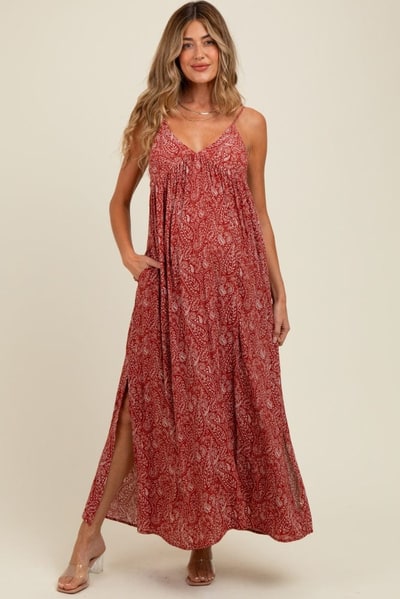 PinkBlush Rust Paisley Print Sleeveless Side Slit Maternity Maxi Dress