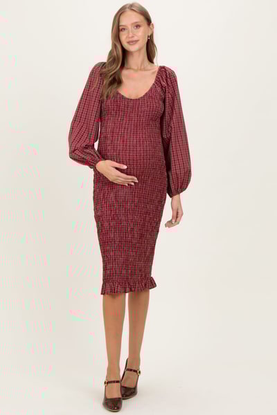 PinkBlush Burgundy Plaid Long Sleeve Bodycon Maternity Midi Dress