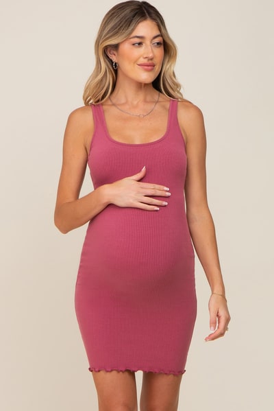 PinkBlush Mauve Ribbed Sleeveless Lettuce Hem Maternity Dress