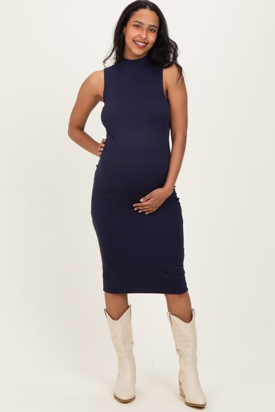 PinkBlush Navy Ribbed Mock Neck Maternity Midi Dress