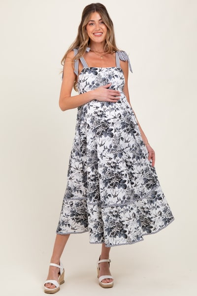 PinkBlush Black Floral Shoulder Tie Striped Trim Maternity Midi Dress