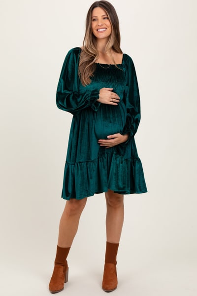 PinkBlush Forest Green Velvet Smocked Long Sleeve Maternity Dress