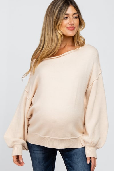 PinkBlush Beige Boat Neck Bubble Sleeve Maternity Sweater