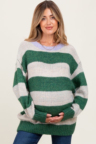 PinkBlush Green Wide Stripe Chunky Knit Maternity Sweater