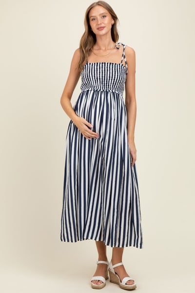 PinkBlush Navy Striped Smocked Shoulder Tie Maternity Midi Dress