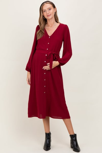 PinkBlush Burgundy V Neck Long Sleeve Button Down Maternity Midi Dress