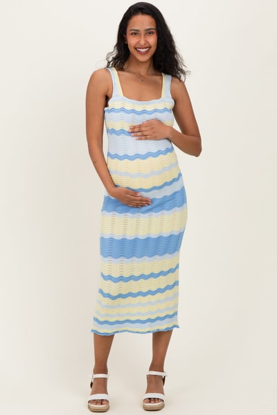 PinkBlush Light Blue Crochet Knit Striped Maternity Tank Dress