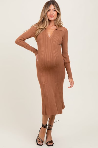 PinkBlush Brown Fit And Flare Maternity Midi Dress