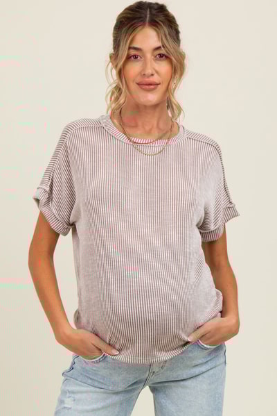 PinkBlush Taupe Ribbed Exposed Seam Maternity Short Sleeve Top