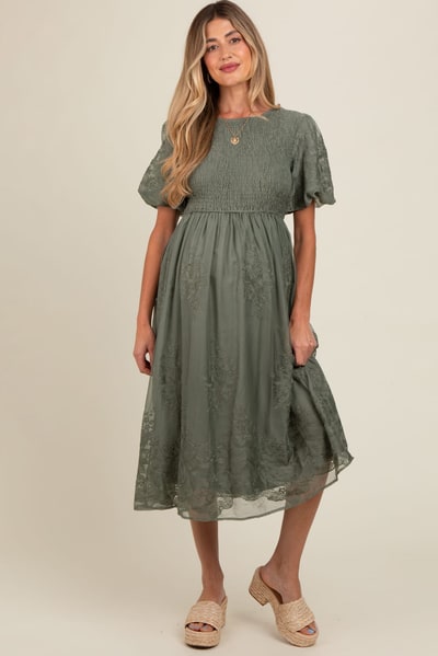 PinkBlush Olive Floral Lace Smocked Maternity Midi Dress