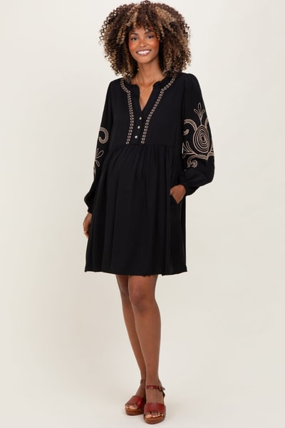 PinkBlush Black Embroidered V-Neck Long Sleeve Maternity Dress