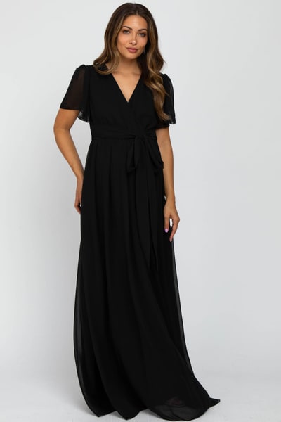 PinkBlush Black Chiffon Short Sleeve Maternity Maxi Dress