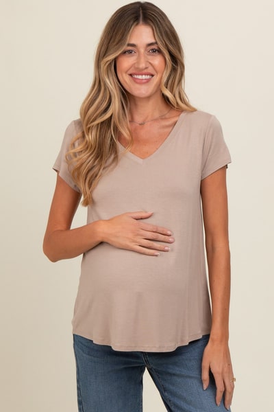 PinkBlush Mocha Basic V-Neck Short Sleeve Maternity Top