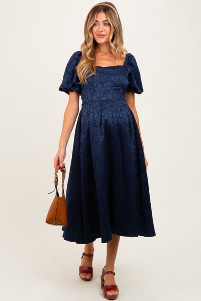PinkBlush Navy Floral Jacquard Puff Sleeve Maternity Midi Dress