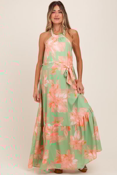 PinkBlush Mint Green Floral Halter Neck Open Back Maternity Maxi Dress