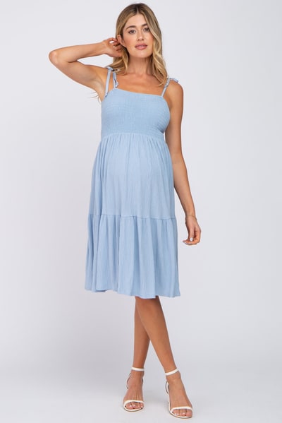 PinkBlush Light Blue Smocked Shoulder Tie Maternity Dress