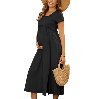 Target INSPIRE CHIC Women's Maternity Dress Midi Short Sleeves ruffled Pleating Pregnancy Dresses for Photoshoot Flowy Casual 2026 Summer Meduim Black