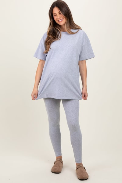 PinkBlush Heather Grey Oversized Crewneck Short Sleeve and Legging Maternity Set