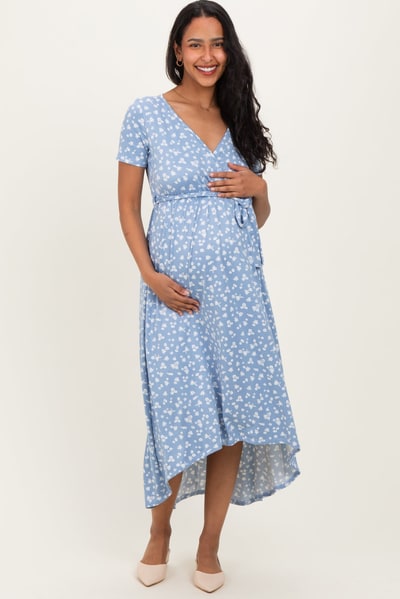 PinkBlush Blue Floral Print Short Sleeve Hi-Low Maternity Wrap Dress