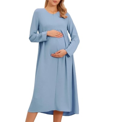 Target INSPIRE CHIC Women's Zip Flowy Tiered Fall Winter Pleated Long Sleeve Nursing Maternity Dresses for Breastfeeding Small Blue