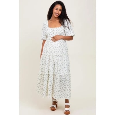 Target Pinkblush Blue Floral Smocked Ruffle Tiered Maternity Maxi Dress Small