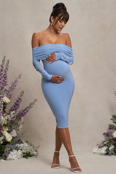 Club L London Patiently Waiting | Powder Blue Maternity Ruched Mesh Bardot Midi Dress