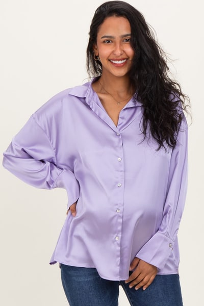PinkBlush Lavender Satin Button Up Maternity Blouse