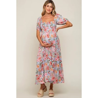 Target Pinkblush Blue Floral Smocked Square Neck Tiered Maternity Maxi Dress Small