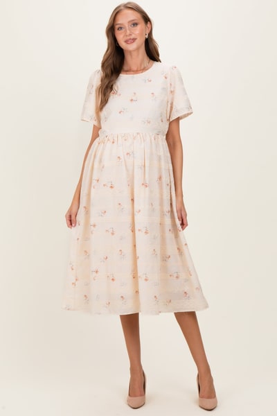 PinkBlush Beige Floral Embroidered Short Sleeve Maternity Midi Dress