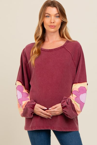 PinkBlush Burgundy Raw Edge Flower Patch Maternity Top