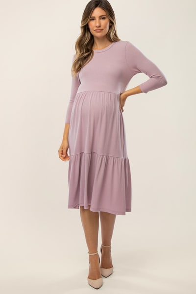 PinkBlush Lavender Tiered Ribbed 3/4 Sleeve Maternity Midi Dress
