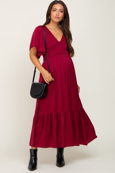 PinkBlush Burgundy Satin Smocked Maternity Midi Dress