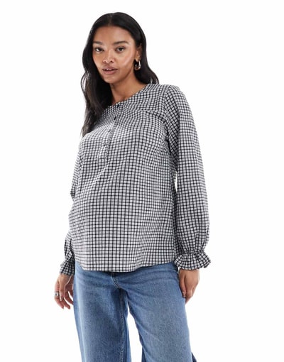 ASOS Mamalicious Maternity button front nursing friendly blouse in mini plaid print