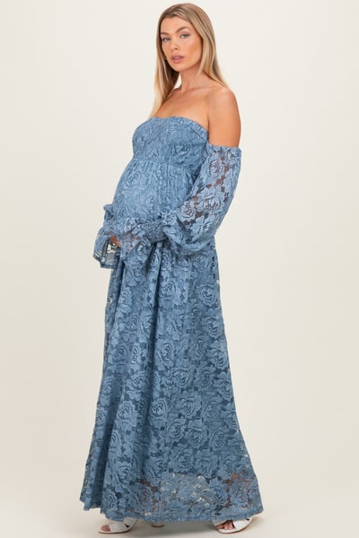 PinkBlush Blue Lace Off Shoulder Long Sleeve Maternity Maxi Dress