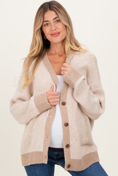 PinkBlush Taupe Two-Tone Button-Down Maternity Cardigan